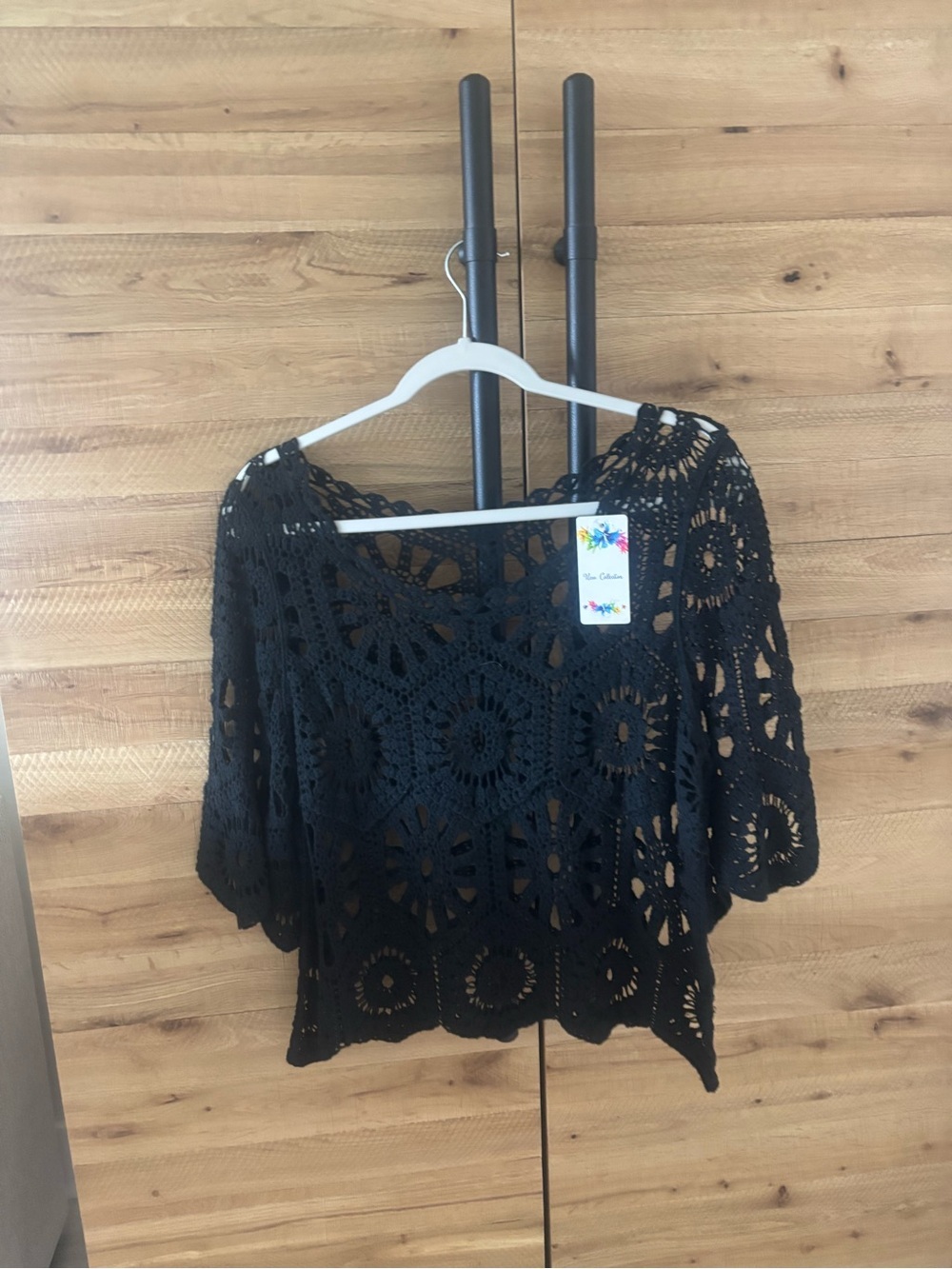 Crochet Black Top Cover Up T Shirt One Size NWT